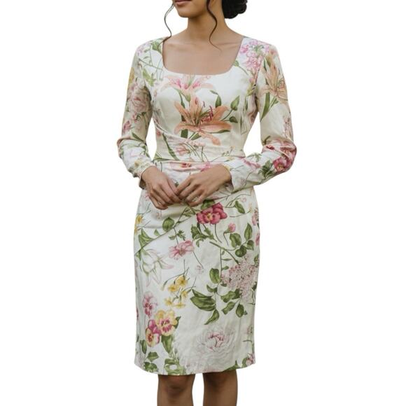 bill blass Dresses & Skirts - Bill Blass Vintage 80s Silk Floral Sheath Dress Ruched Waist Long Sleeve XS